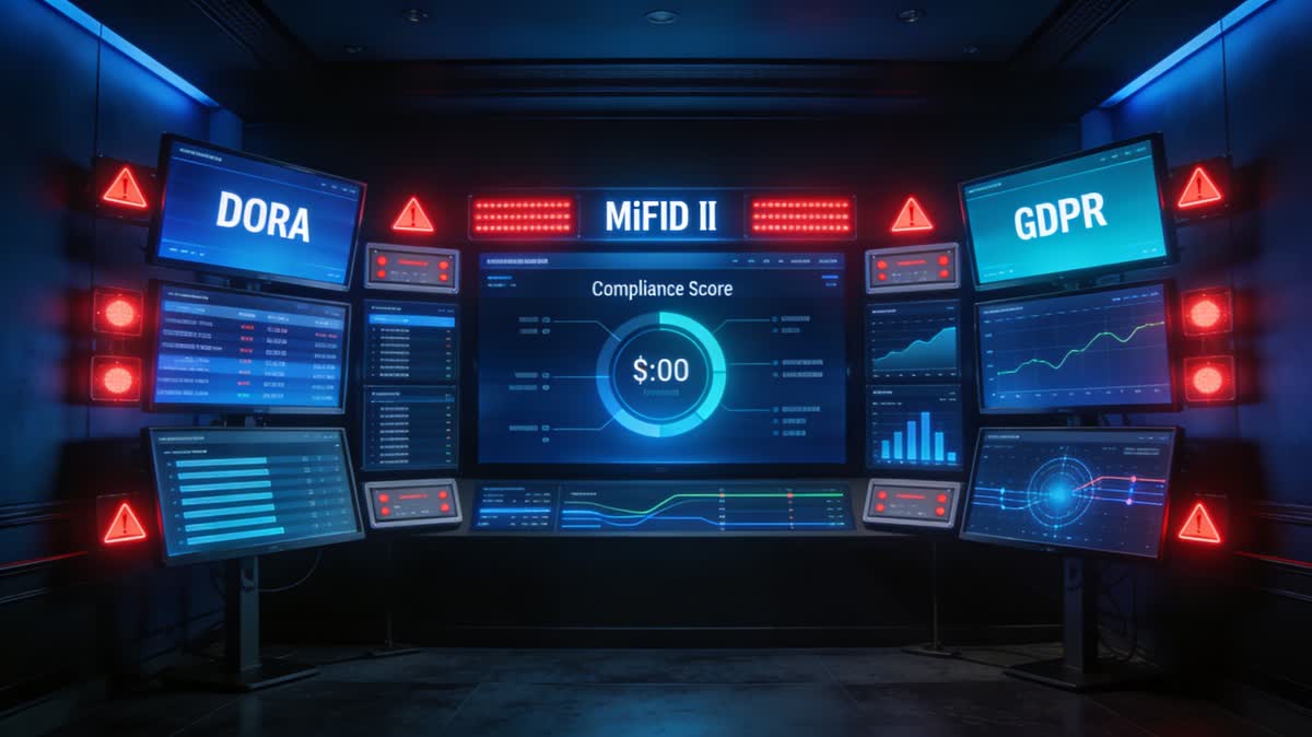 Visualización IA de monitorización de compliance: análisis continuo de normativa financiera y alertas de incumplimiento