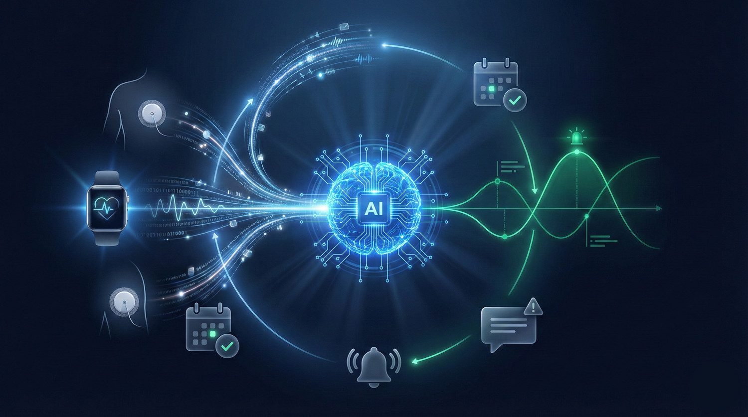 Visualización IA de atención crónica: ciclo continuo de datos wearable y predicciones de salud en tiempo real