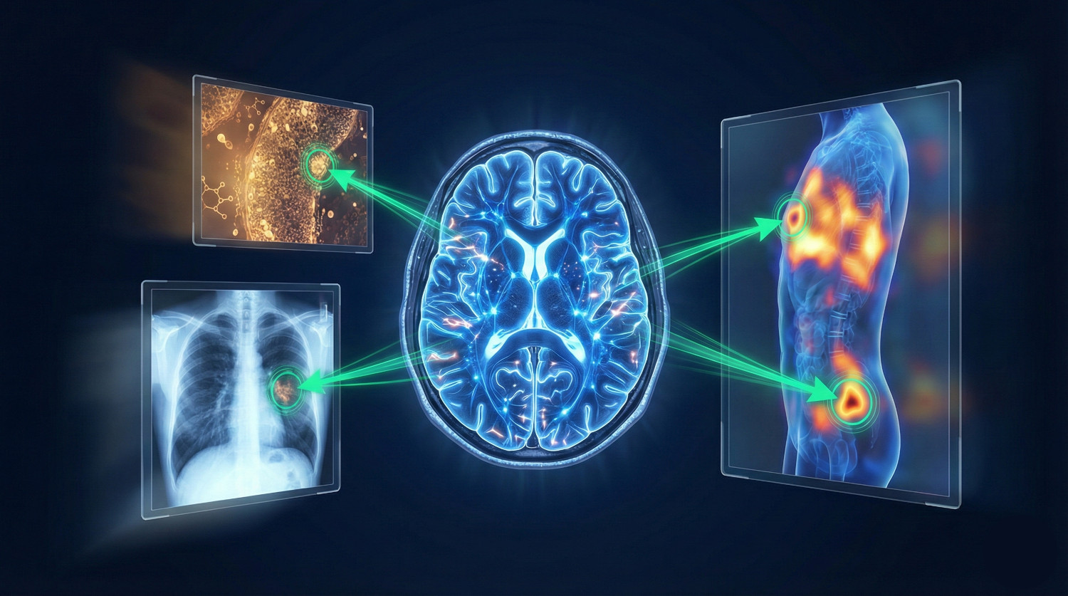 Visualización IA de base de conocimiento clínico: red de datos conectando protocolos y documentación regulatoria