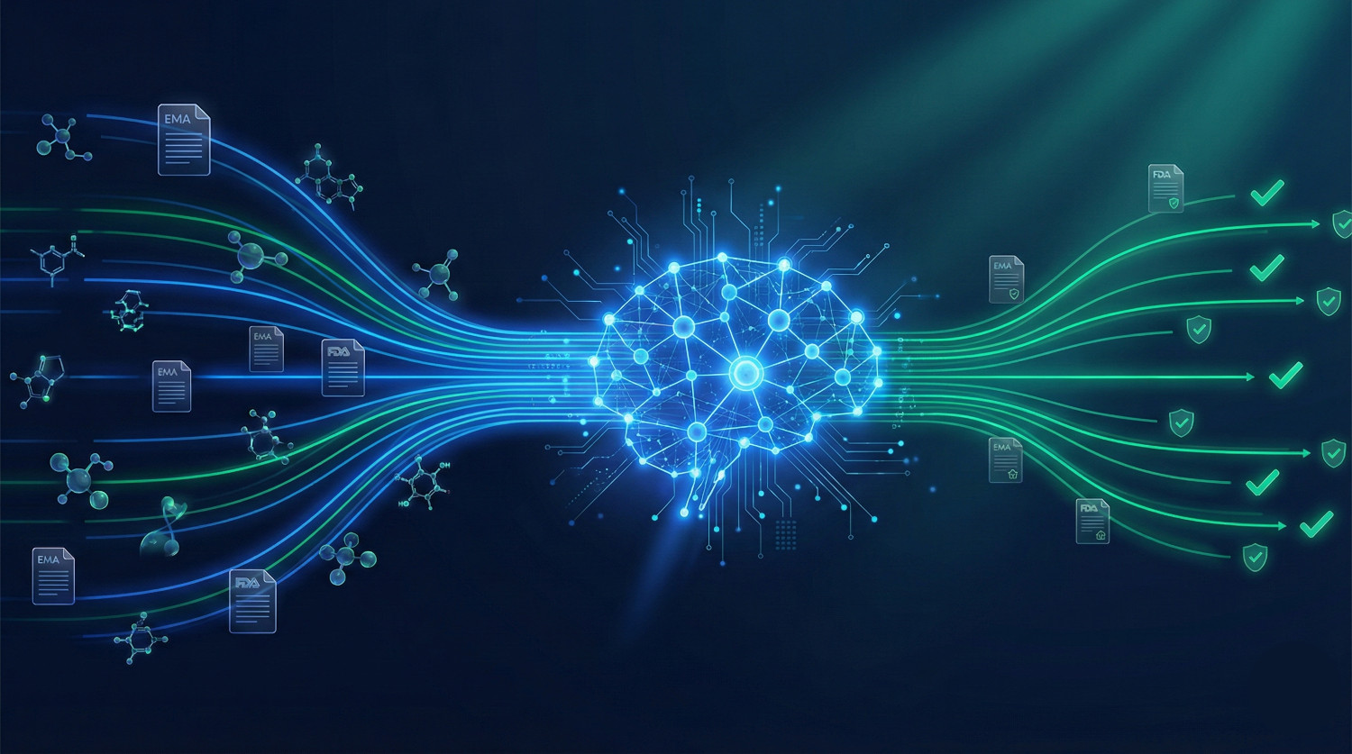Visualización IA de farmacovigilancia: red neuronal procesando señales de seguridad farmacológica